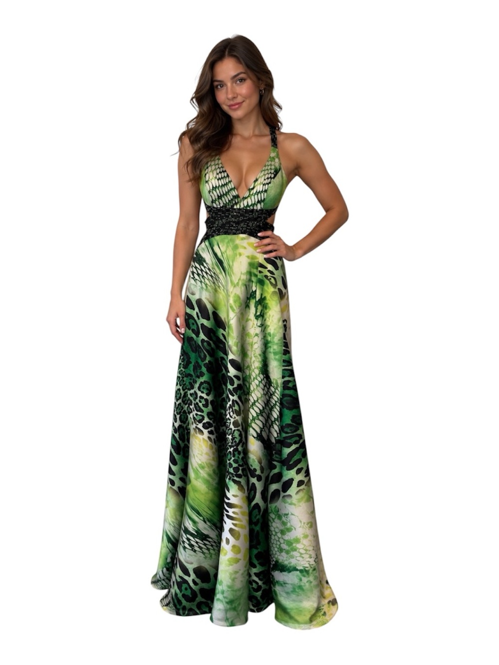 Faviana Couture Green Animal Print V Neck Beaded Formal Maxi Gown Size 4 FLAW